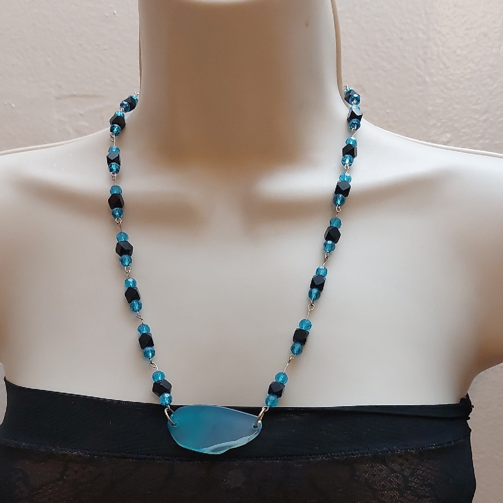 Black with Blue Swarovski Like Crystal Bead Necklace with Sea Glass Slab Pendant - Picture 1 of 6